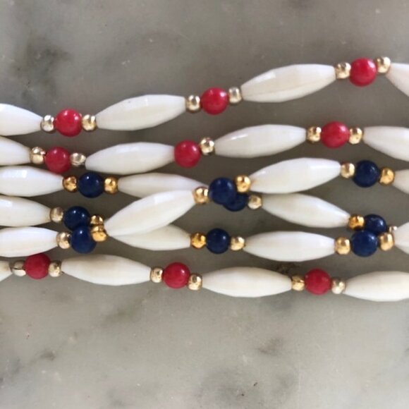 HONG KONG Red White Blue Lucite Bead 6 Strand Vintage Necklace - Picture 5 of 15